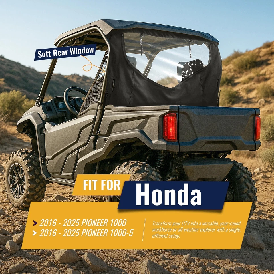 Ventana trasera negra suave con ventilación enrollable para Honda Pioneer 1000/1000-5 2016-2025 Foto 3 de 4