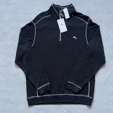 Tommy Bahama Sweater Mens Medium Black Half Zip Pullover Embroider Tobago Bay