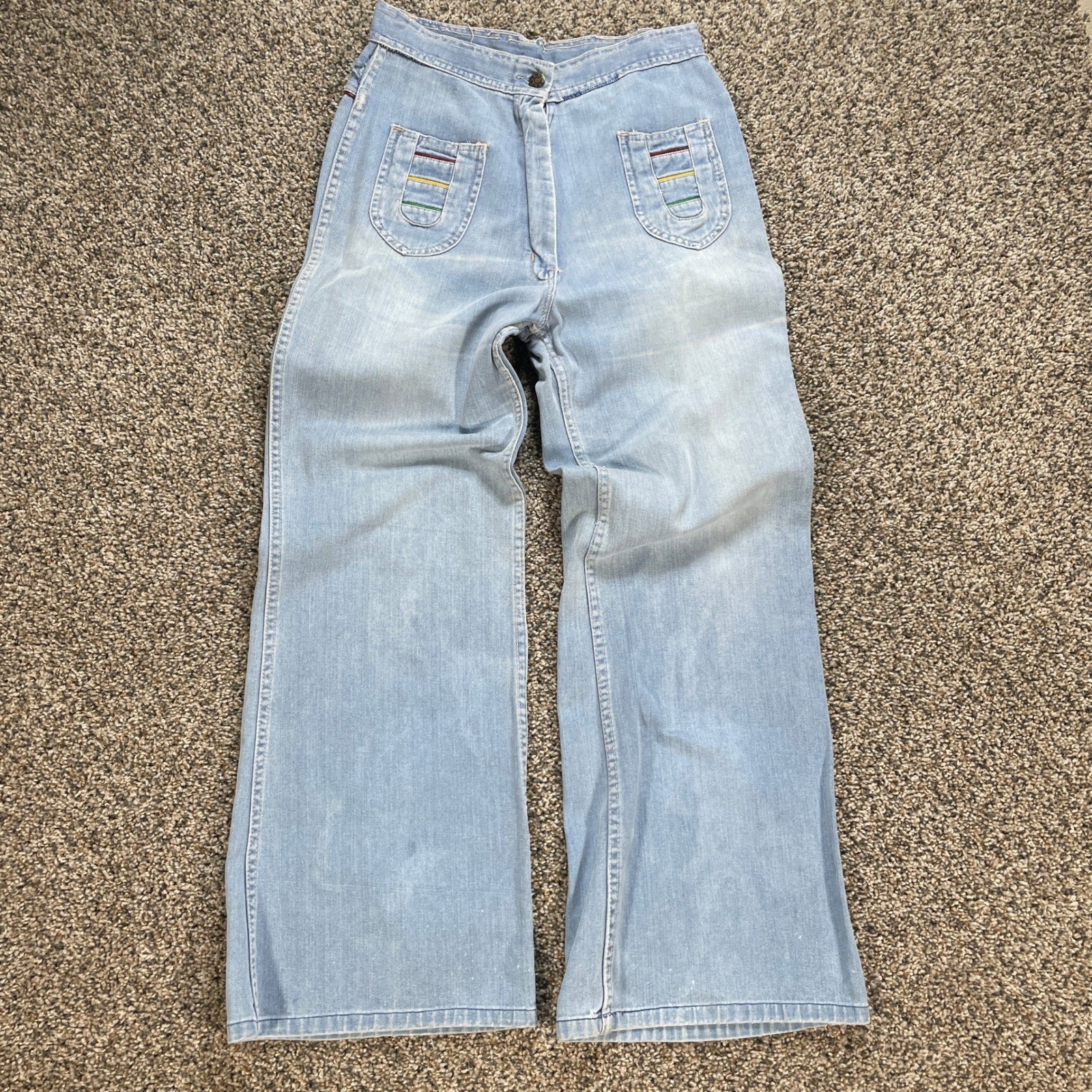 Vintage 70s Y2K Women's 27x29 Rainbow Pocket Wide Leg Jeans Light Wash