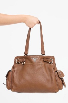 Prada Brown Vitello Daino Leather Side Pocket Tote Bag | eBay
