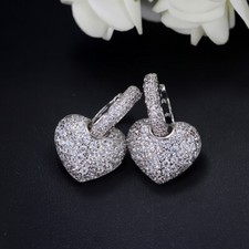 Silver Plated Pave Setting Hollow Love Heart Cubic Zircon CZ Hoop Stud Earrings
