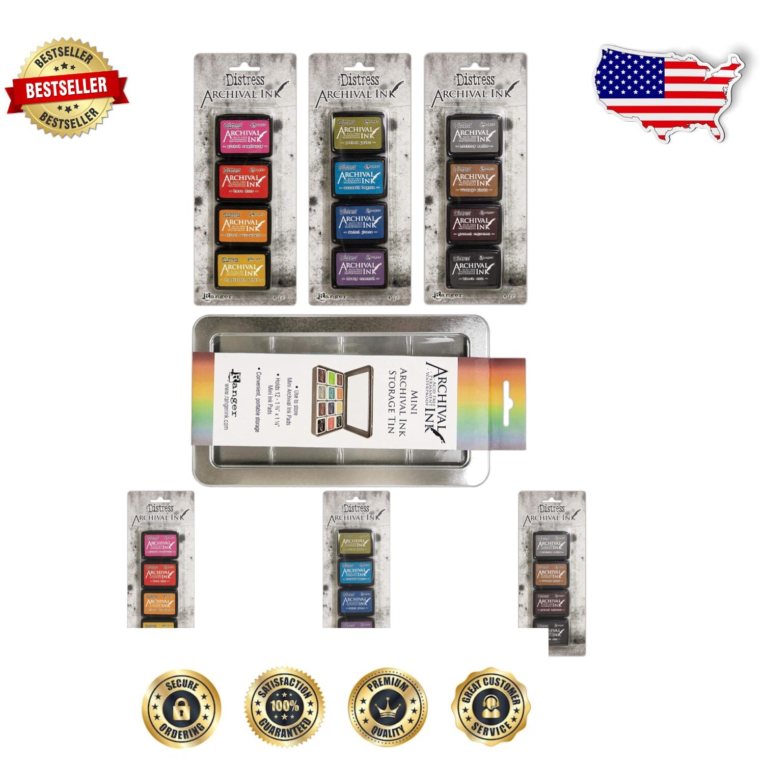 Archival Mini Ink Kit Bundle with Storage Tin - Crisp Black Inks Effortlessly