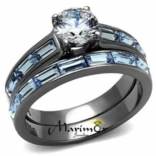 2.85Ct Clear & Sea Blue Cz Gray Stainless Steel Wedding Ring Set Women's Sz 5-10