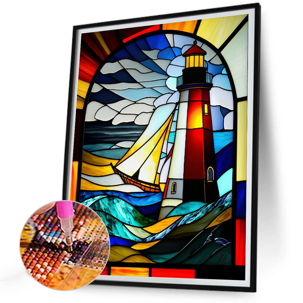 5D DIY Full Round Drill Diamond Painting Stained Glass Lighthouse Home