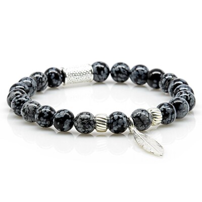 Obsidian Armband Bracelet Perlenarmband Snowflake 925 Sterling Silber Feder S