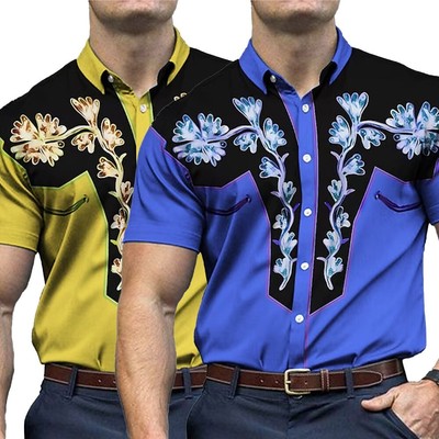 Polyester Herren Hemden Bedruckt Kurzarm Weich Sommer Vintage Print Bequem