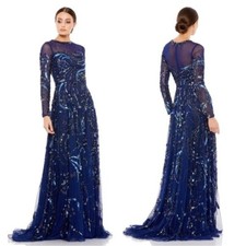 Mac Duggal Long Sleeve Embellished Illusion Evening Gown Midnight Navy Blue 5217