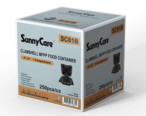 Clamshell MFPP Food Hinged Container Disposable 6X6, 1 Compartment, Black, 250ct