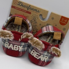 Dearfoams Baby Bear Slippers Red Plaid Faux Fur Memory Foam Unisex 3 to 6 Months