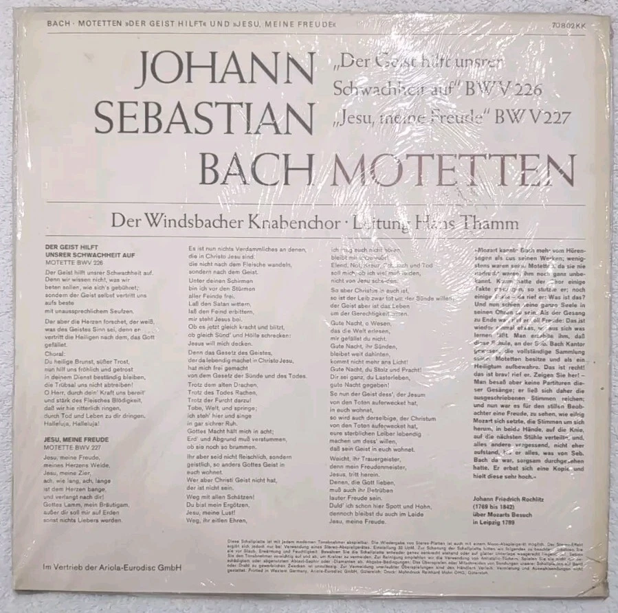 Johann Sebastian Bach Motetten Vinyl LP Album Eurodisc Brand New Import 1964 - Image 2 of 2
