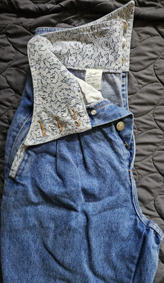 Trafaluc Women's Blue Distressed Lace Accent Button Fly Straight Denim Jeans