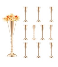 10PCS 43cm/16.9” Tall Wedding Flower Vase Metal Gold Trumpet for Tables