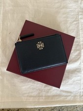 Authentic New Tory Burch Britten Black Pebbled Leather Zip Card Case 141006