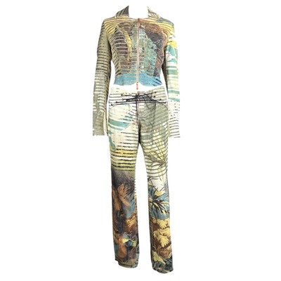 Roberto Cavalli Frühjahr 2002 Löwe Jungle Print Vintage Set Hose und Top Jacke
