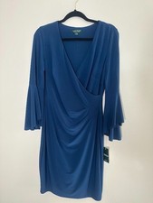 Lauren Ralph Lauren Dress Womens 8 Floral Bell Sleeve Blue Stretch Career Wrap