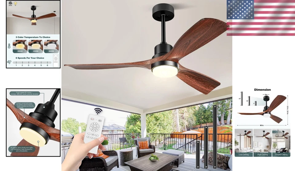 60 Inch Walnut Wood Ceiling Fan with Remote – Elegant Indoor & Outdoor Lighting - Image 2 of 4