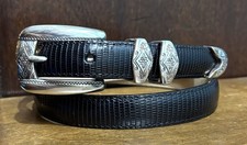 Brighton Black Lizard Embossed Leather Belt SzS/25 3/4  Wide Silvertone H  ware VG
