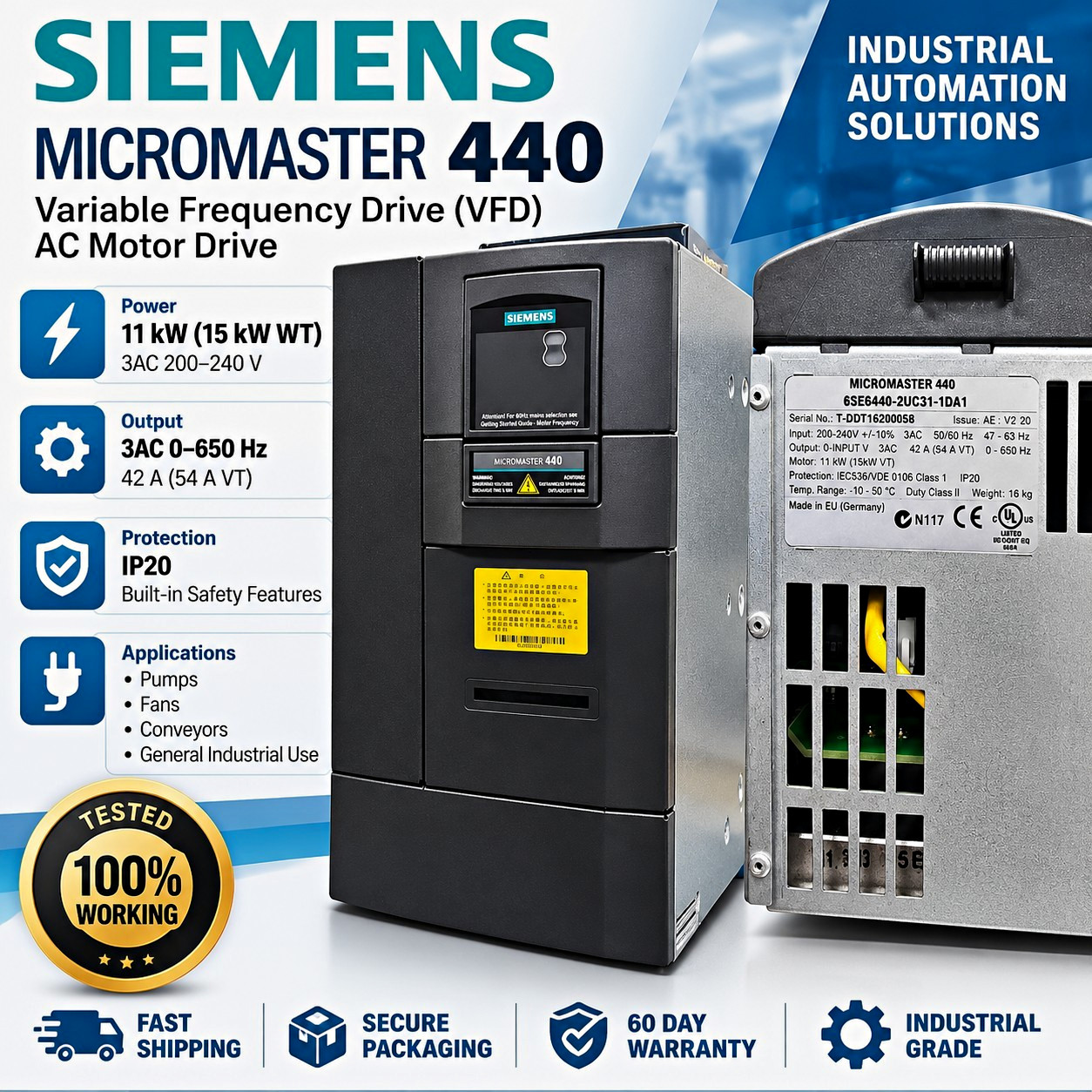 Siemens MICROMASTER 440 VFD 6SE6440-2UC31-1DA1 11kW 200-240V 3Ph IP20