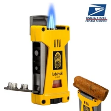 Lubinski Refillable Cigar Lighter With Punch Holder 3 Jet Flame Torch Butane Gas