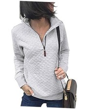 Women Fashion Quilted Pattern Lightweight Zipper Long Sleeve X-Large White