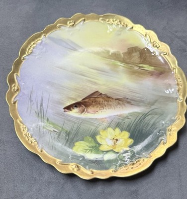 Antique Limoges Fish Plate M de M Mandavy de Mavaleix Hand Paint Signed Nicot #2