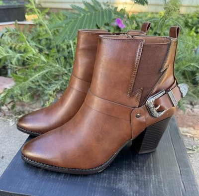 Pierre Dumas Western Buckle Ankle Boots Sz 8.5 Women s Brown Faux Leather Zipper
