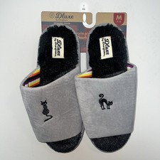 Women's Dluxe by Dearfoams Halloween Black Cat Gray Slippers Memory Foam Medium