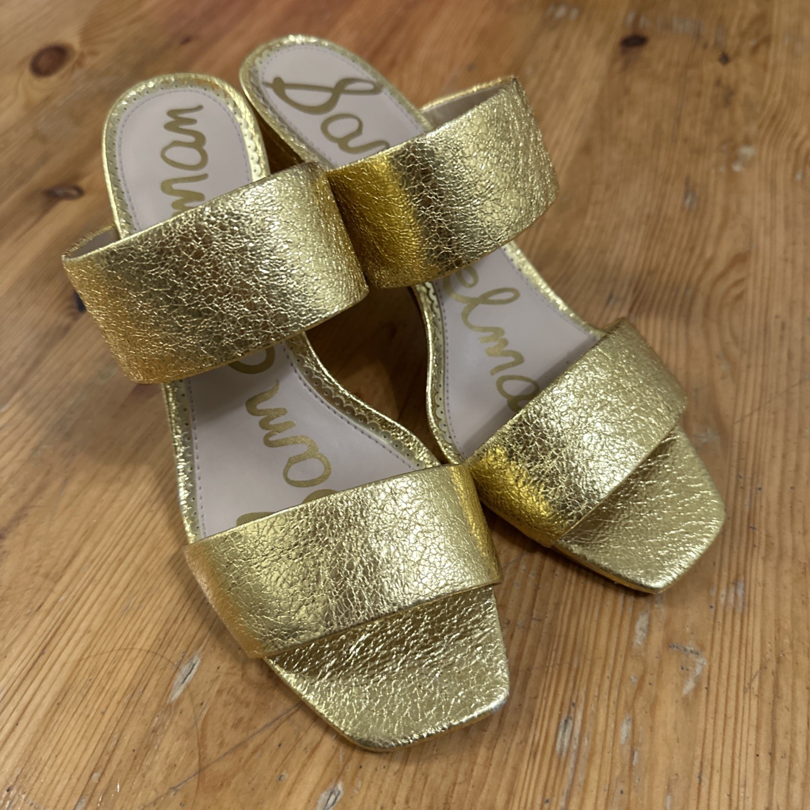 Sam Edelman Delaney Mules Sandals Heels Straps Slice Gold 7.5M