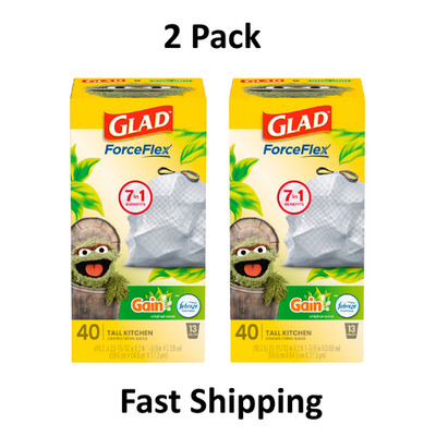 Glad ForceFlex 13 Gallon Tall Kitchen Drawstring Trash Bags Gain Febreze 80 Ct