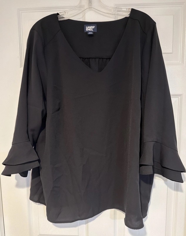 Lands End Blouse Womens 20W Black V Neck Ruffle 3/4 Sleeve Blouse OEKO TEK