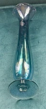 Footed Iridescent Blue Bud Vase With Scallop Edge 11ins Tall