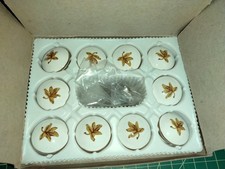 Vintage Porcelain Drawer Cabinet Door Pull Knobs White/Gold LEAF - Lot of 10
