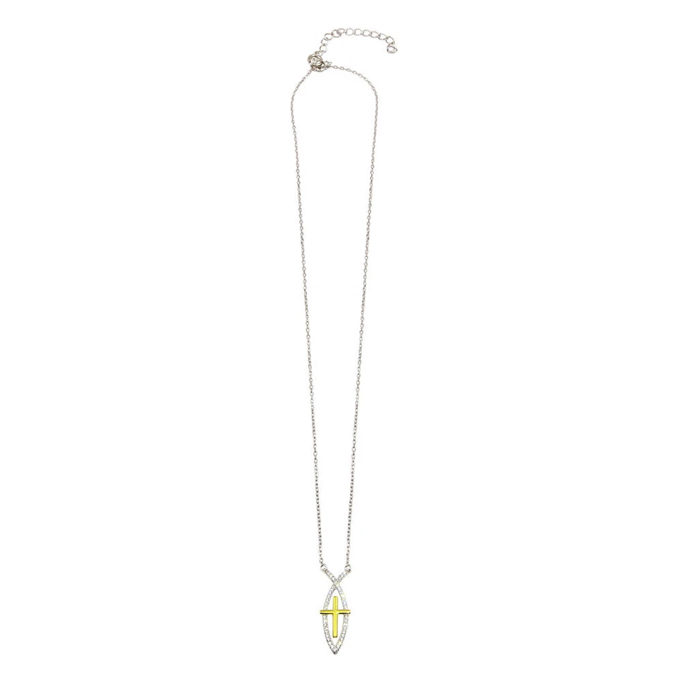 Argento Sterling Collana W/Pietre Zirconi Cubici Pesce Segno Oro Giallo a Croce - Immagine 2 di 3