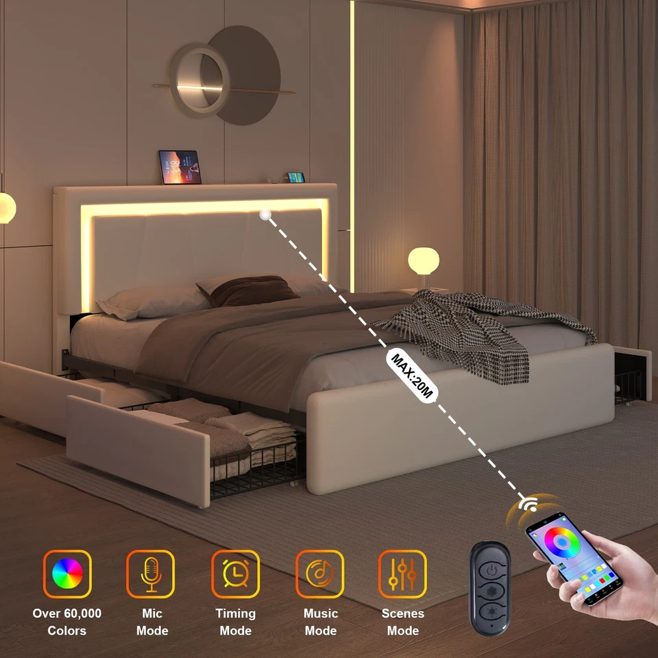 Full/Queen Bed Frame with 4 Storage Drawers and LED Lights - Image 4 of 4