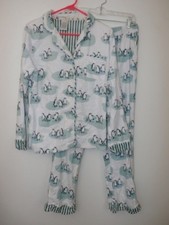 Munki Munki Flannel Pajamas PJ Set Women SZ SM 2PC Penguin Love White Green