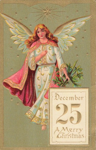 Christmas Angel Postcard Pink Cape Pine Bough December 25 c 1910   F9 - Picture 1 of 2
