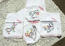 Four Vintage Hand Embroidered Dish Towels w Animals Never Used