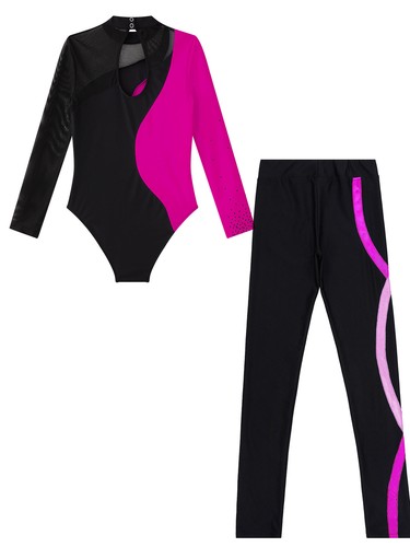 Kids Girls Stage Performance Costume Long Sleeve Dancewear 2 Pieces Workout - Picture 8 of 40