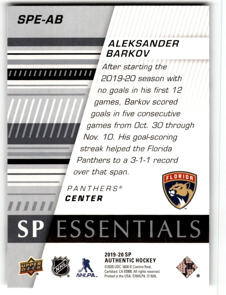 2019-20 SP Authentic Essentials Aleksander Barkov #SPE-AB Florida Panthers - Image 2 of 2