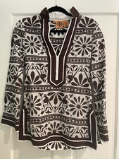 Tory Burch Embroidered Tunic 100% Cotton Beige Brown Size 2