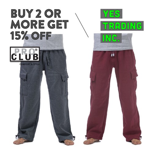 PRO CLUB MEN'S HEAVYWEIGHT CARGO SWEATPANTS HEAVY JOGGERS BIG