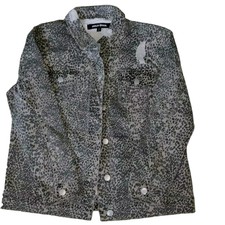 Ashley Mason Sz L Jean Jacket Riveted Buttons Gray/black Leopard Distressed Nwot