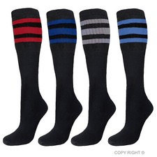4 PAIRS TUBE SOCKS COTTON BLACK RED BLUE GRAY STRIPES BIG  TALL SOCKS 22 INCHES