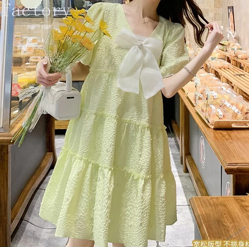 Women Babydoll Puff Sleeve Cute Dress Bow Swing Tiered Mini Ruffle Beaded - Bild 9 von 17