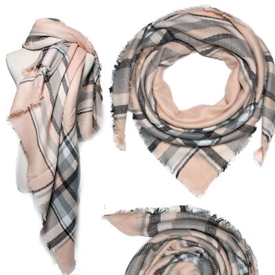 Schal kuschelig Fransen Karo-Muster Plaid Stola Wendeschal warm Weiß Hellbraun