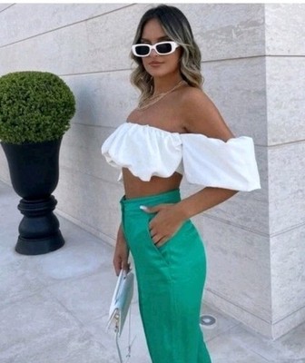 ZARA WOMAN NWT SS22 VOLUMINOUS Ballon Ruffel CROPPED OYSTER WHITE S  0085/349