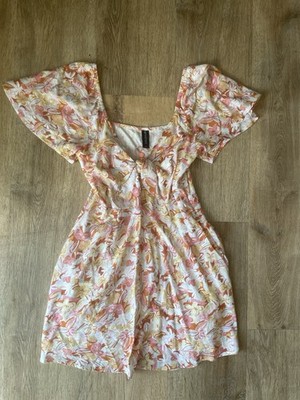 MINKPINK Floral Mini Dress Womens S Tie Front Boho Cottagecore Flutter  Sleeve | eBay