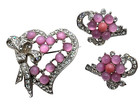 Vintage Figural Heart & Bow Brooch and Earring Set Pink Opaline Glass Beads — photo 2
