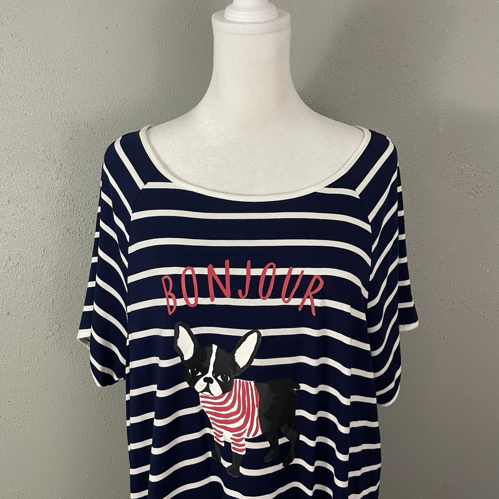Camicia da notte Kate Spade maglia XL donna pigiama blu righe cane Paris Bonjour