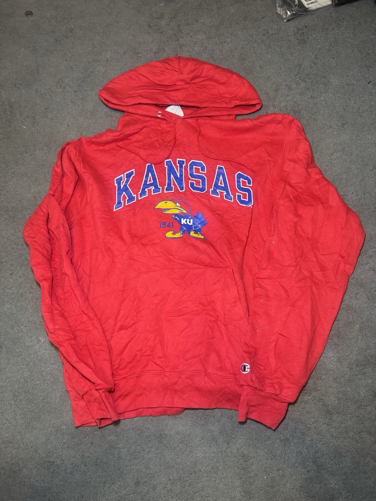 Kansas Jayhawks Hoodie Champion Medium Red KU 1941 Logo Pullover Sweatshirt
